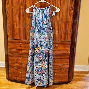Tahari Floral Loop Collar Blue Belted Sleeveless Halter Vacation Dress, size M